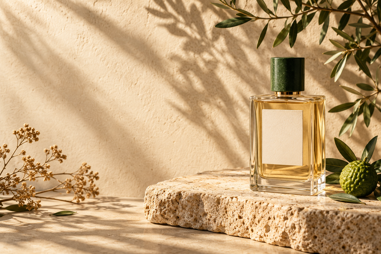 Frasco de perfume entre folhas e bergamota, iluminado pelo sol